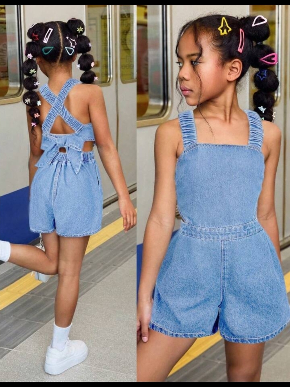 Girls' Light Blue Denim Romper Shorts with Crisscross Back